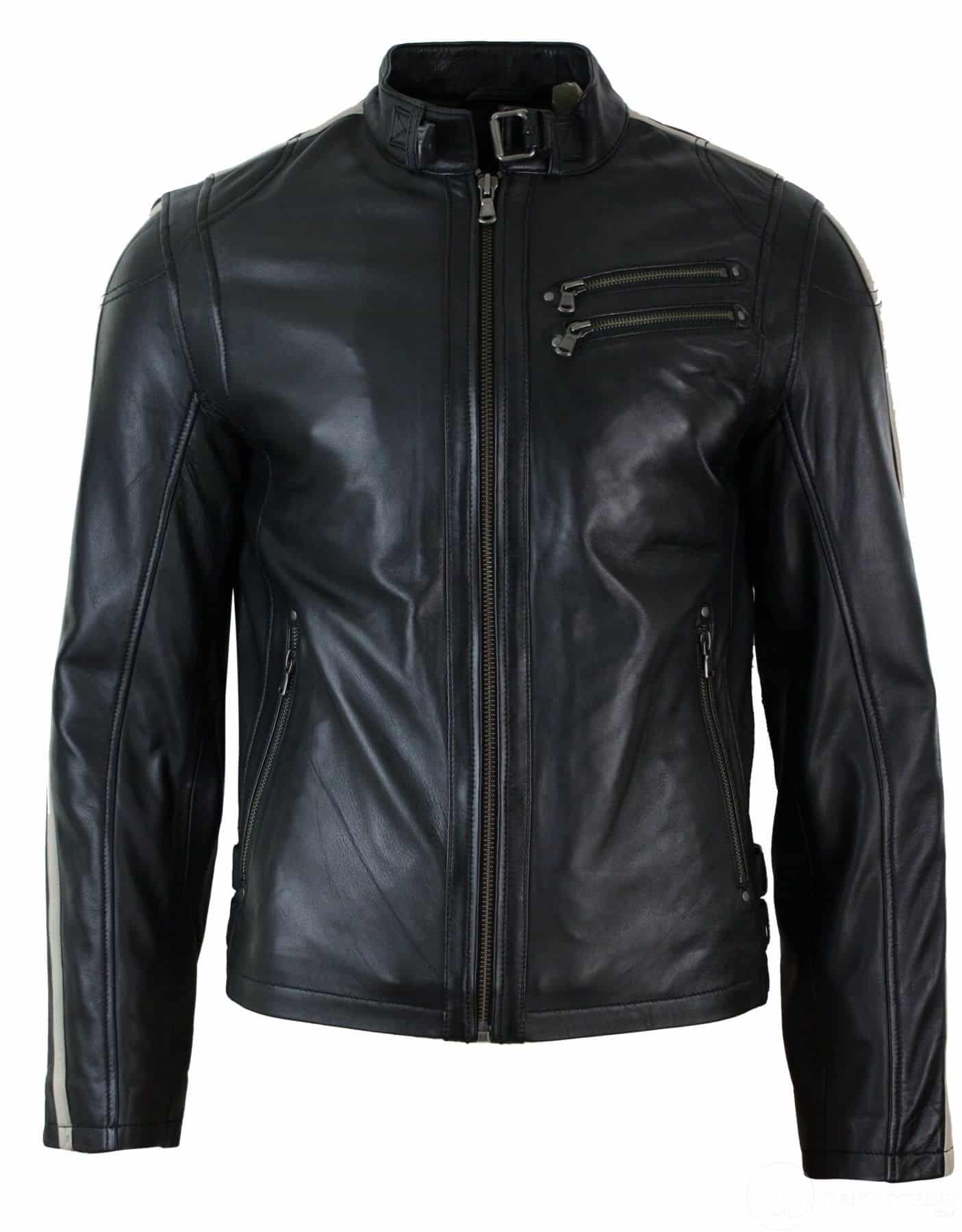 Chaqueta de motociclista corta de cuero auténtico para hombre, corte ajustado, con rayas en las mangas y cremallera.