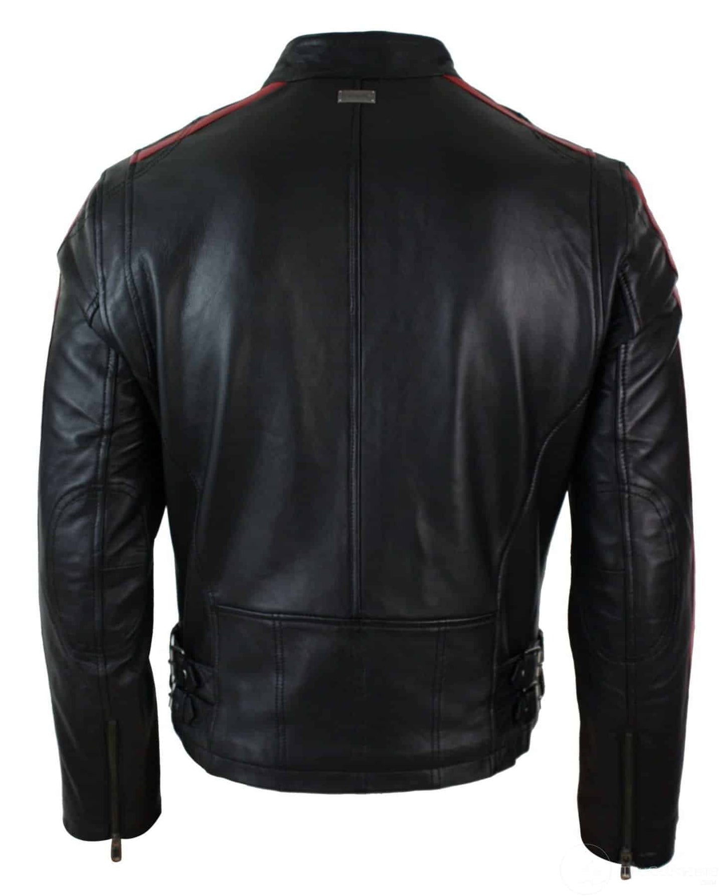 Chaqueta de motociclista corta de cuero auténtico para hombre, corte ajustado, con rayas en las mangas y cremallera.