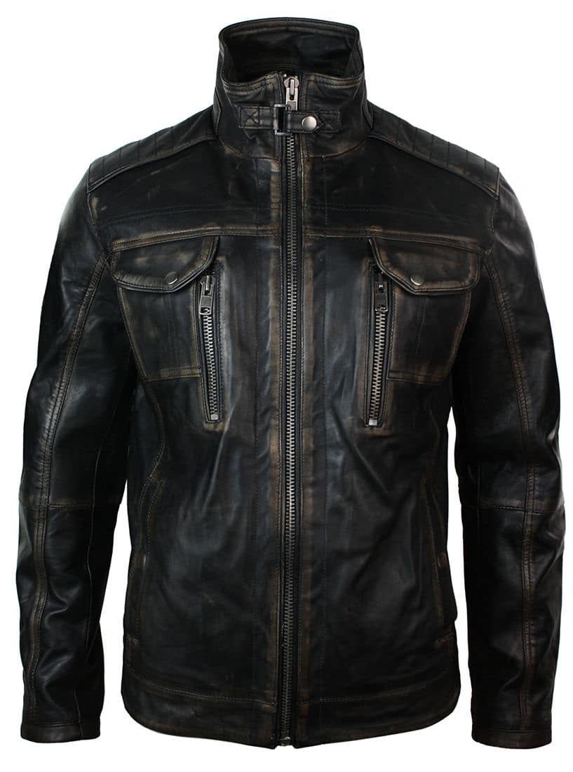 Chaqueta de cuero auténtico lavado estilo retro vintage desgastado, color negro, para hombre.