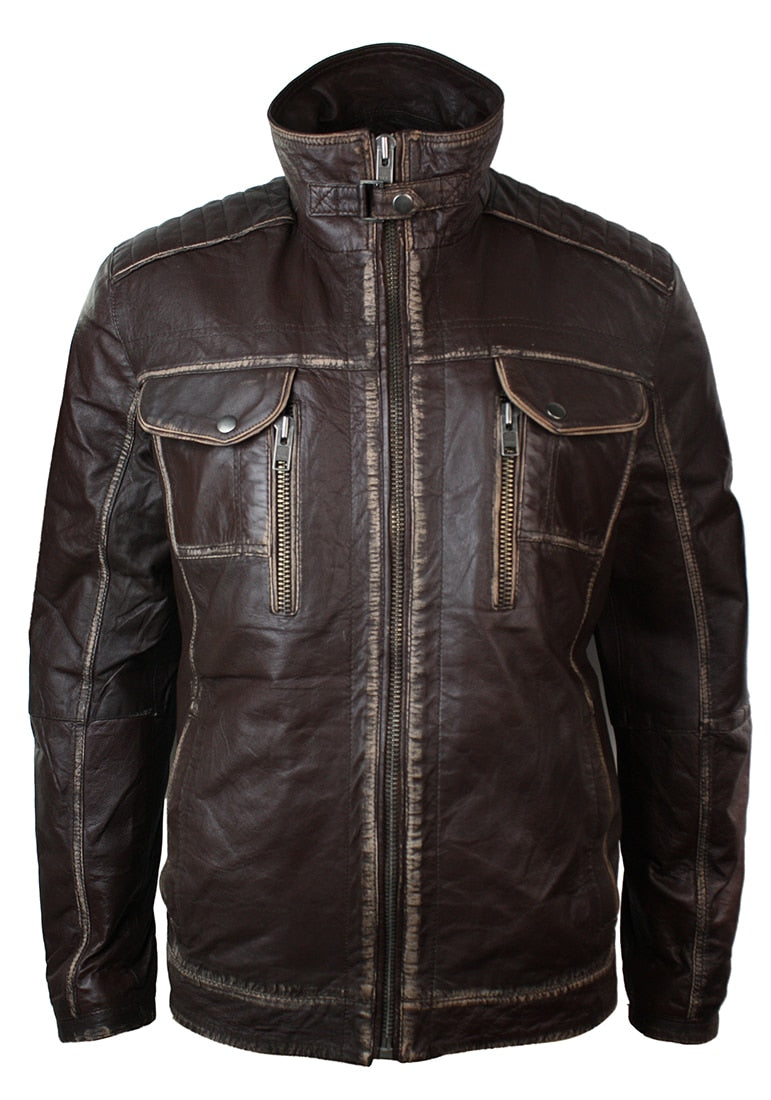 Chaqueta retro vintage de cuero marrón auténtico lavado con efecto desgastado para hombre.