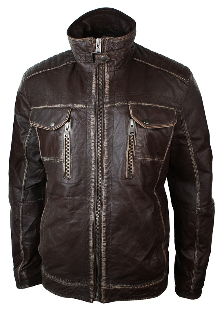 Chaqueta retro vintage de cuero marrón auténtico lavado con efecto desgastado para hombre.