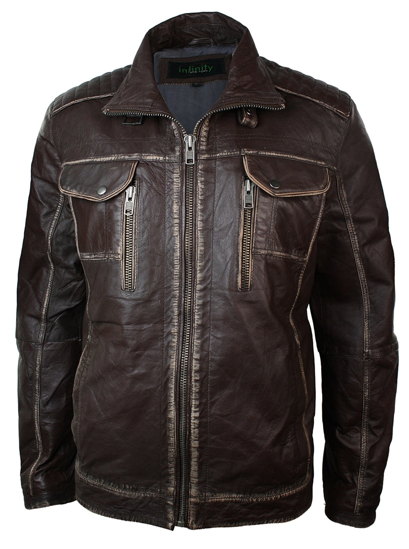 Chaqueta retro vintage de cuero marrón auténtico lavado con efecto desgastado para hombre.