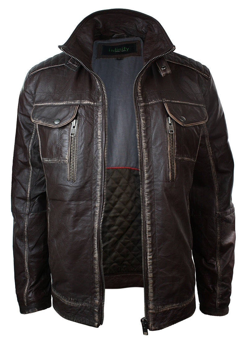 Chaqueta retro vintage de cuero marrón auténtico lavado con efecto desgastado para hombre.
