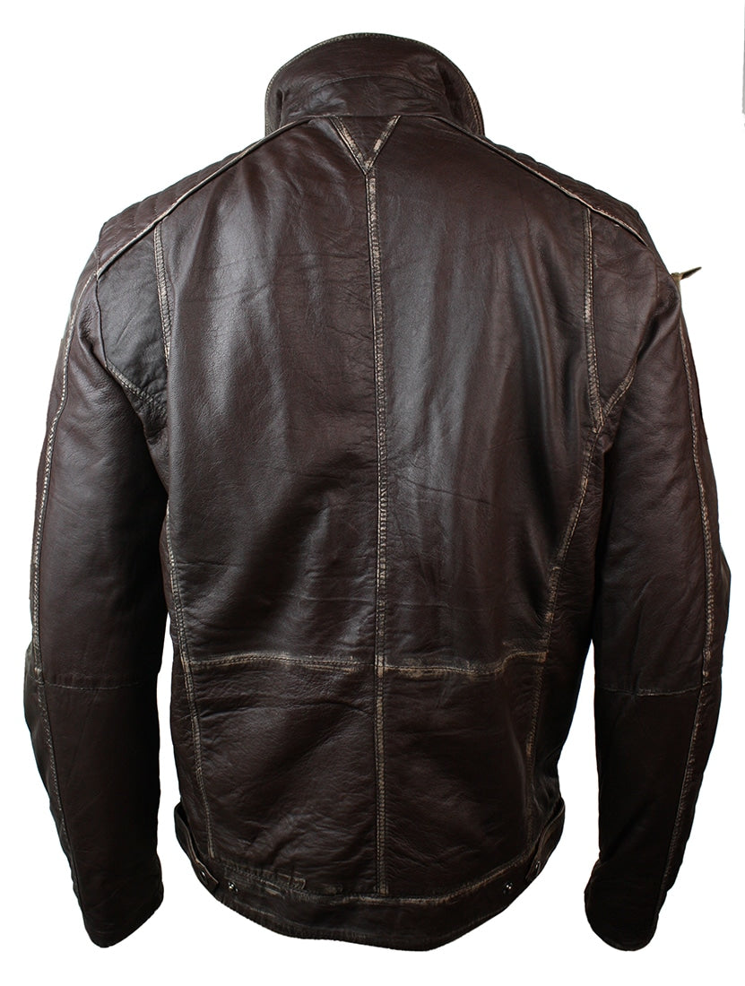 Chaqueta retro vintage de cuero marrón auténtico lavado con efecto desgastado para hombre.