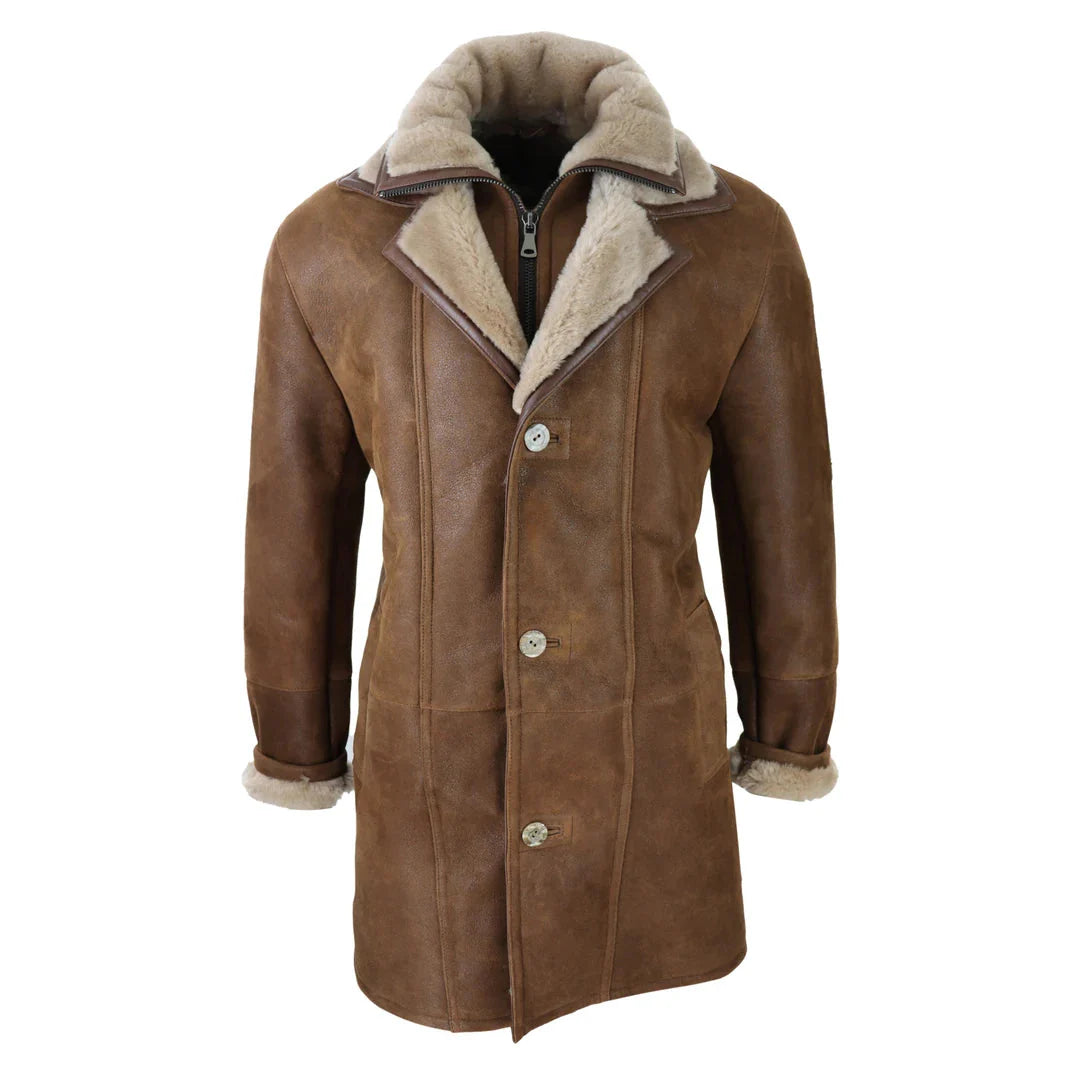 Chaqueta de hombre de 3/4 estilo duffle, de piel de oveja, larga, con botones y cremallera, cálida - Marrón claro