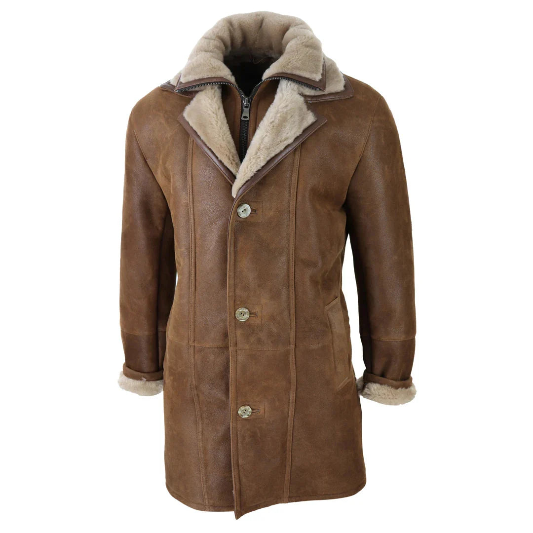 Chaqueta de hombre de 3/4 estilo duffle, de piel de oveja, larga, con botones y cremallera, cálida - Marrón claro