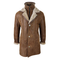 Chaqueta de hombre de 3/4 estilo duffle, de piel de oveja, larga, con botones y cremallera, cálida - Marrón claro