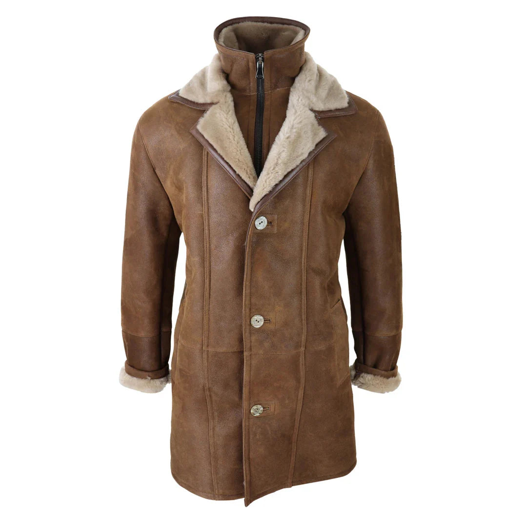 Chaqueta de hombre de 3/4 estilo duffle, de piel de oveja, larga, con botones y cremallera, cálida - Marrón claro