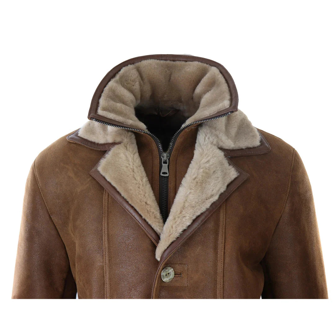 Chaqueta de hombre de 3/4 estilo duffle, de piel de oveja, larga, con botones y cremallera, cálida - Marrón claro