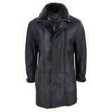 Chaqueta de hombre de 3/4 estilo duffle, de piel de oveja, larga, con botones y cremallera, cálida - Negra