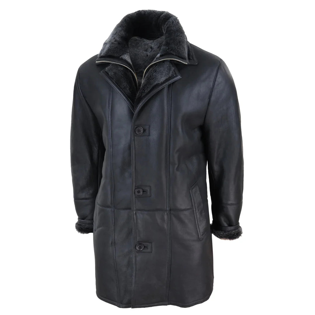 Chaqueta de hombre de 3/4 estilo duffle, de piel de oveja, larga, con botones y cremallera, cálida - Negra