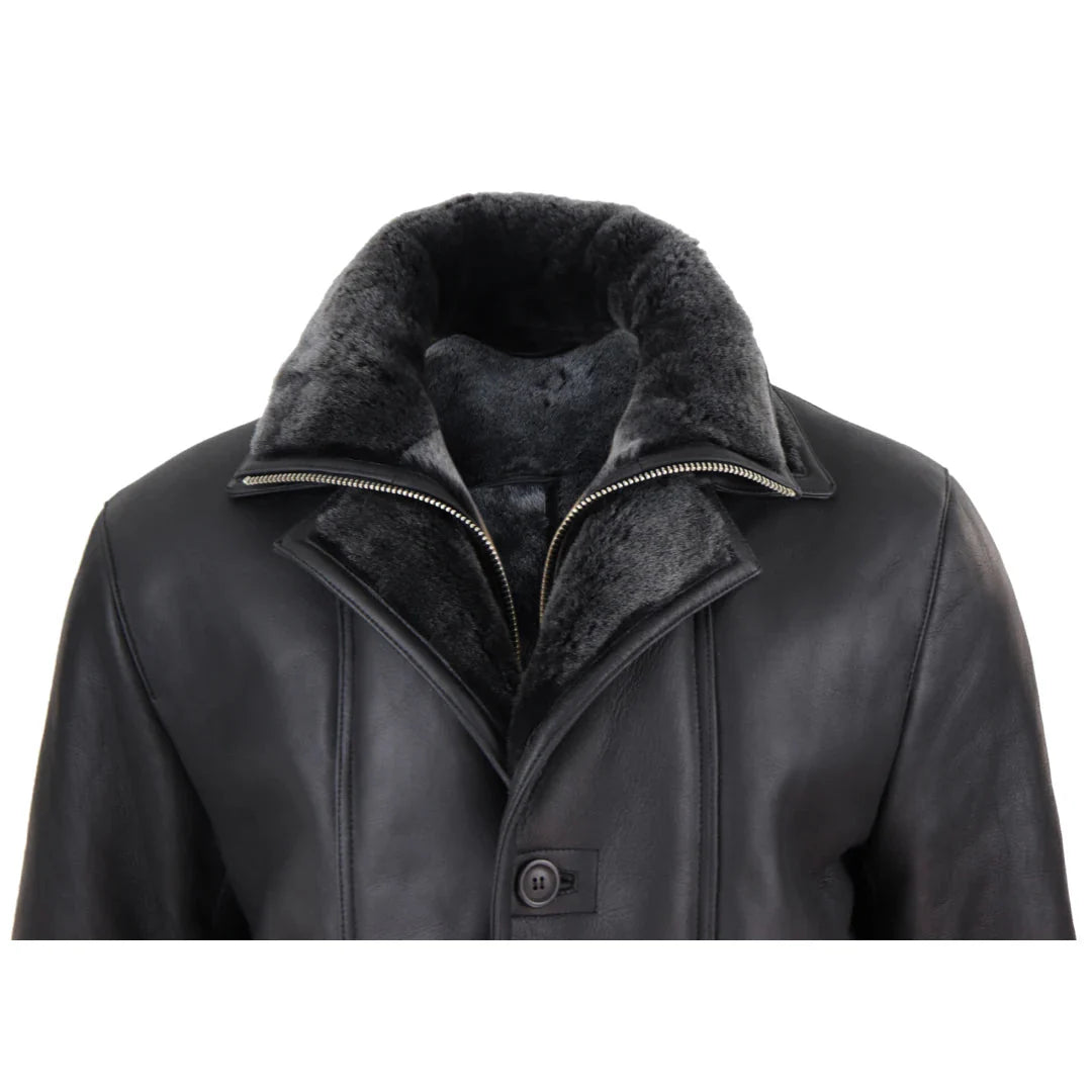 Chaqueta de hombre de 3/4 estilo duffle, de piel de oveja, larga, con botones y cremallera, cálida - Negra