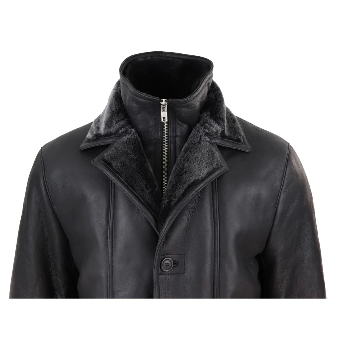 Chaqueta de hombre de 3/4 estilo duffle, de piel de oveja, larga, con botones y cremallera, cálida - Negra