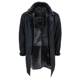 Chaqueta de hombre de 3/4 estilo duffle, de piel de oveja, larga, con botones y cremallera, cálida - Negra