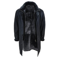 Chaqueta de hombre de 3/4 estilo duffle, de piel de oveja, larga, con botones y cremallera, cálida - Negra