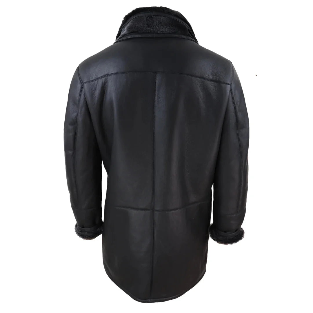 Chaqueta de hombre de 3/4 estilo duffle, de piel de oveja, larga, con botones y cremallera, cálida - Negra