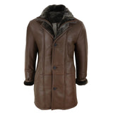 Chaqueta de hombre de 3/4 estilo duffle, de piel de oveja, larga, con botones y cremallera, cálida - Marrón