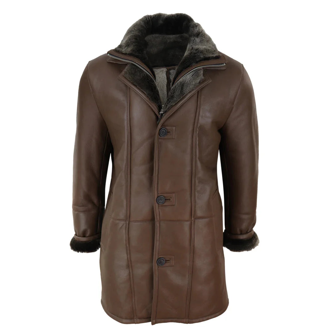 Chaqueta de hombre de 3/4 estilo duffle, de piel de oveja, larga, con botones y cremallera, cálida - Marrón