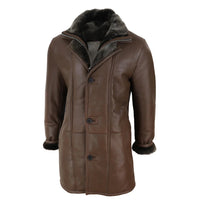 Chaqueta de hombre de 3/4 estilo duffle, de piel de oveja, larga, con botones y cremallera, cálida - Marrón