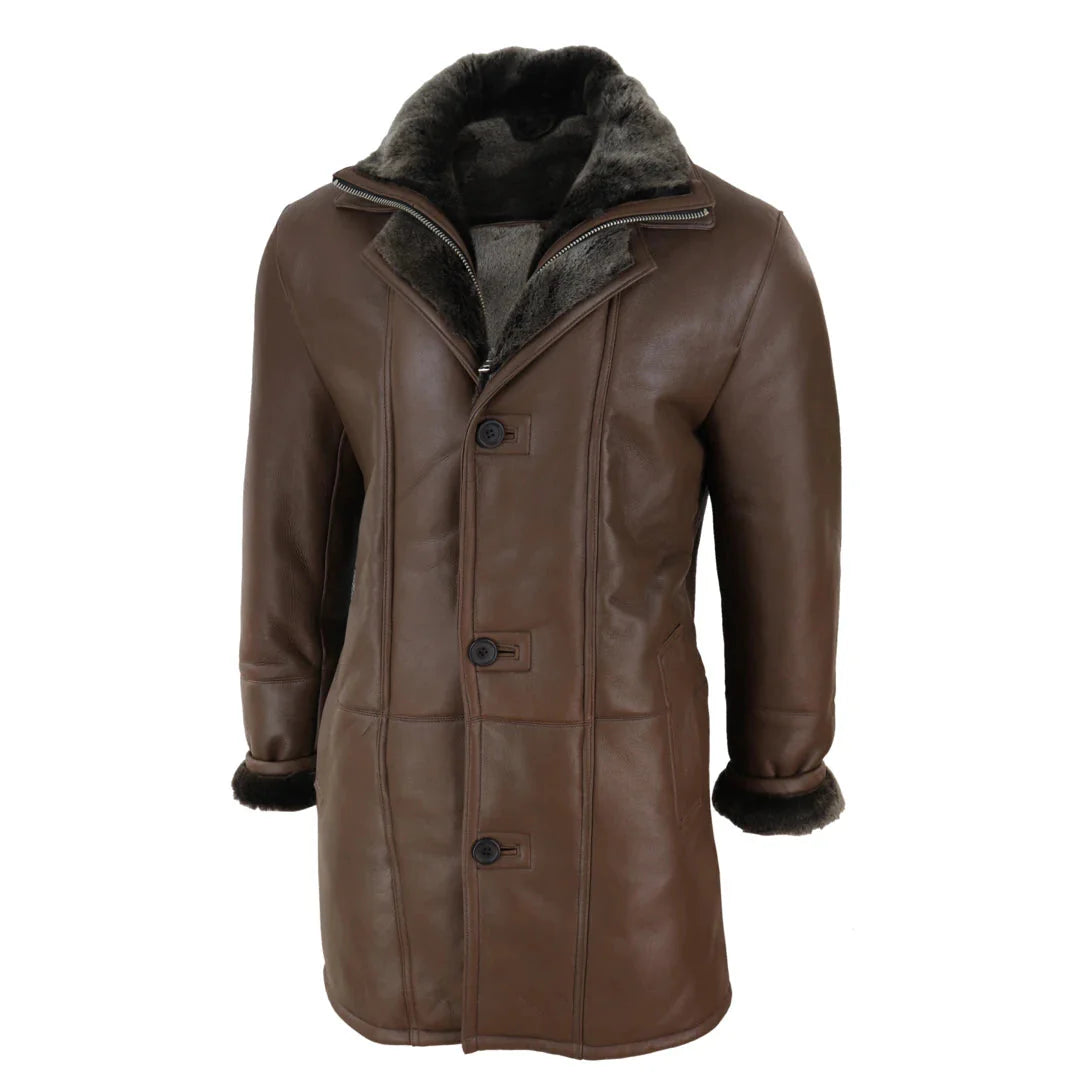 Chaqueta de hombre de 3/4 estilo duffle, de piel de oveja, larga, con botones y cremallera, cálida - Marrón