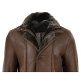 Chaqueta de hombre de 3/4 estilo duffle, de piel de oveja, larga, con botones y cremallera, cálida - Marrón