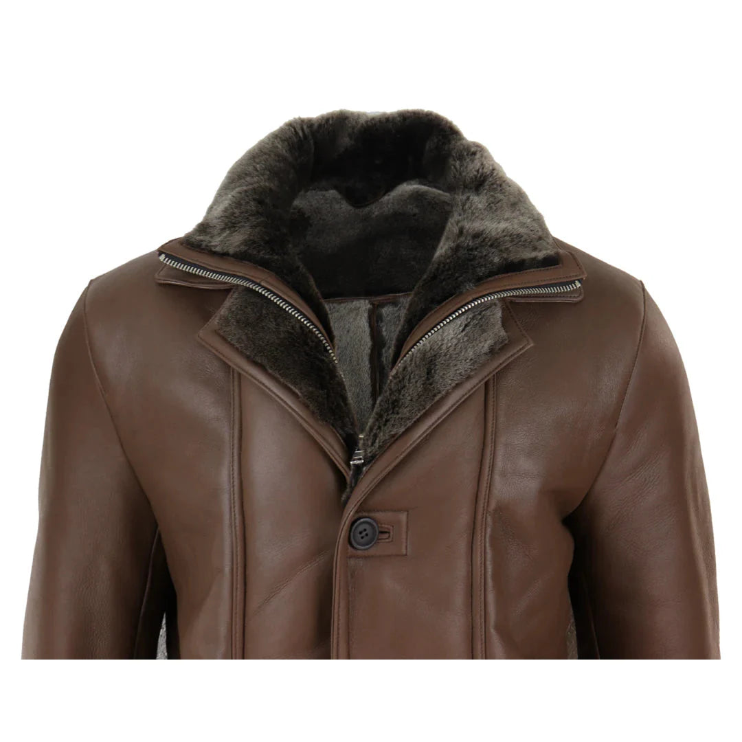 Chaqueta de hombre de 3/4 estilo duffle, de piel de oveja, larga, con botones y cremallera, cálida - Marrón