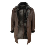 Chaqueta de hombre de 3/4 estilo duffle, de piel de oveja, larga, con botones y cremallera, cálida - Marrón