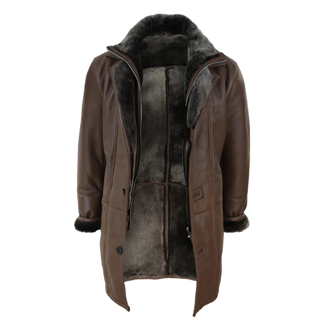 Chaqueta de hombre de 3/4 estilo duffle, de piel de oveja, larga, con botones y cremallera, cálida - Marrón