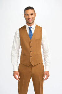 James - Traje de tres piezas de lana color marrón camel para hombre, corte sastre