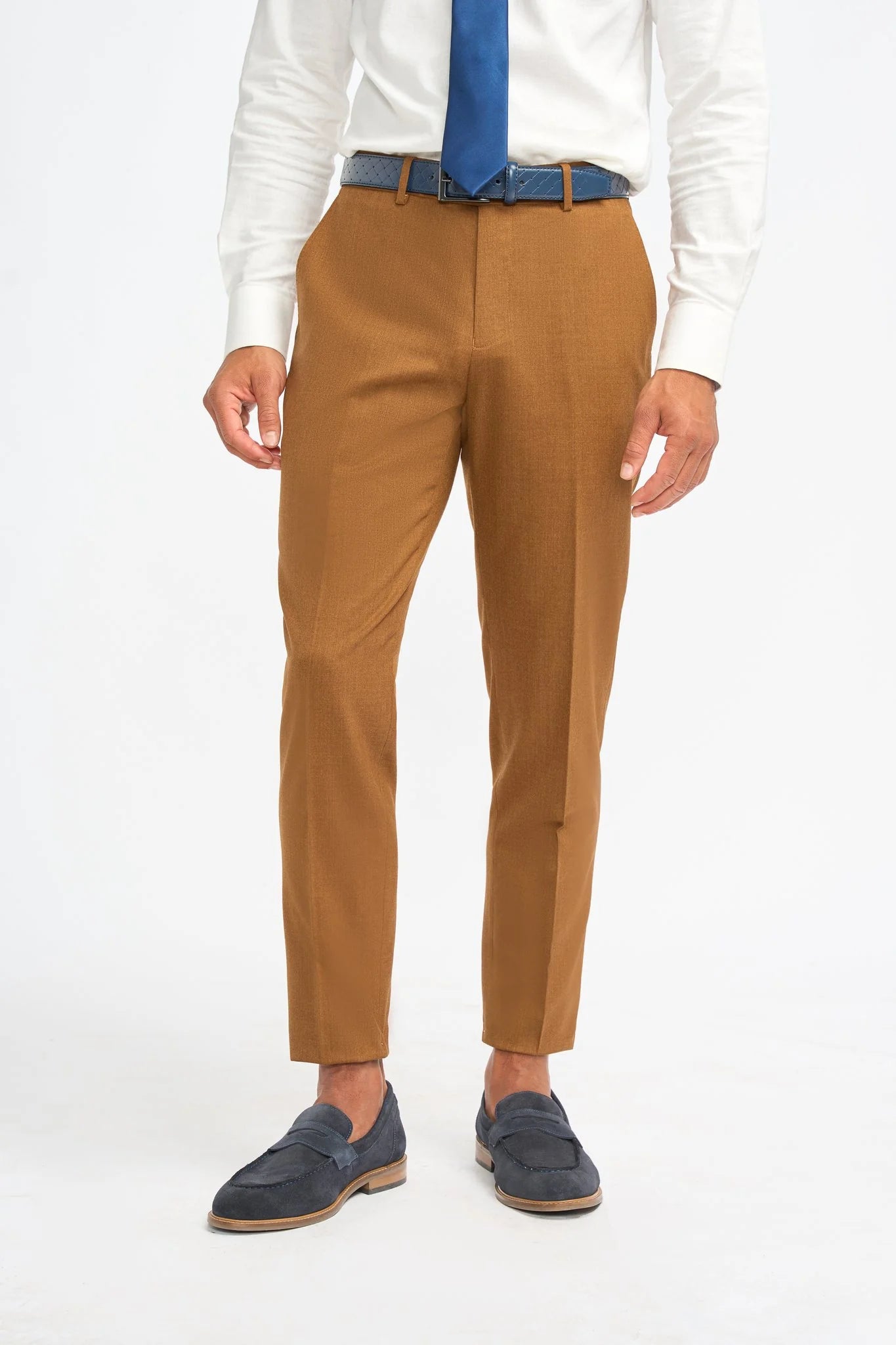James - Traje de tres piezas de lana color marrón camel para hombre, corte sastre