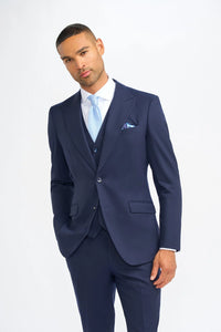James - Traje de tres piezas de lana azul marino para hombre, corte entallado.