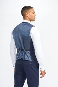 James - Traje de tres piezas de lana azul marino para hombre, corte entallado.