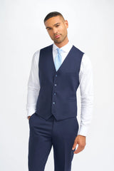 James - Traje de tres piezas de lana azul marino para hombre, corte entallado.