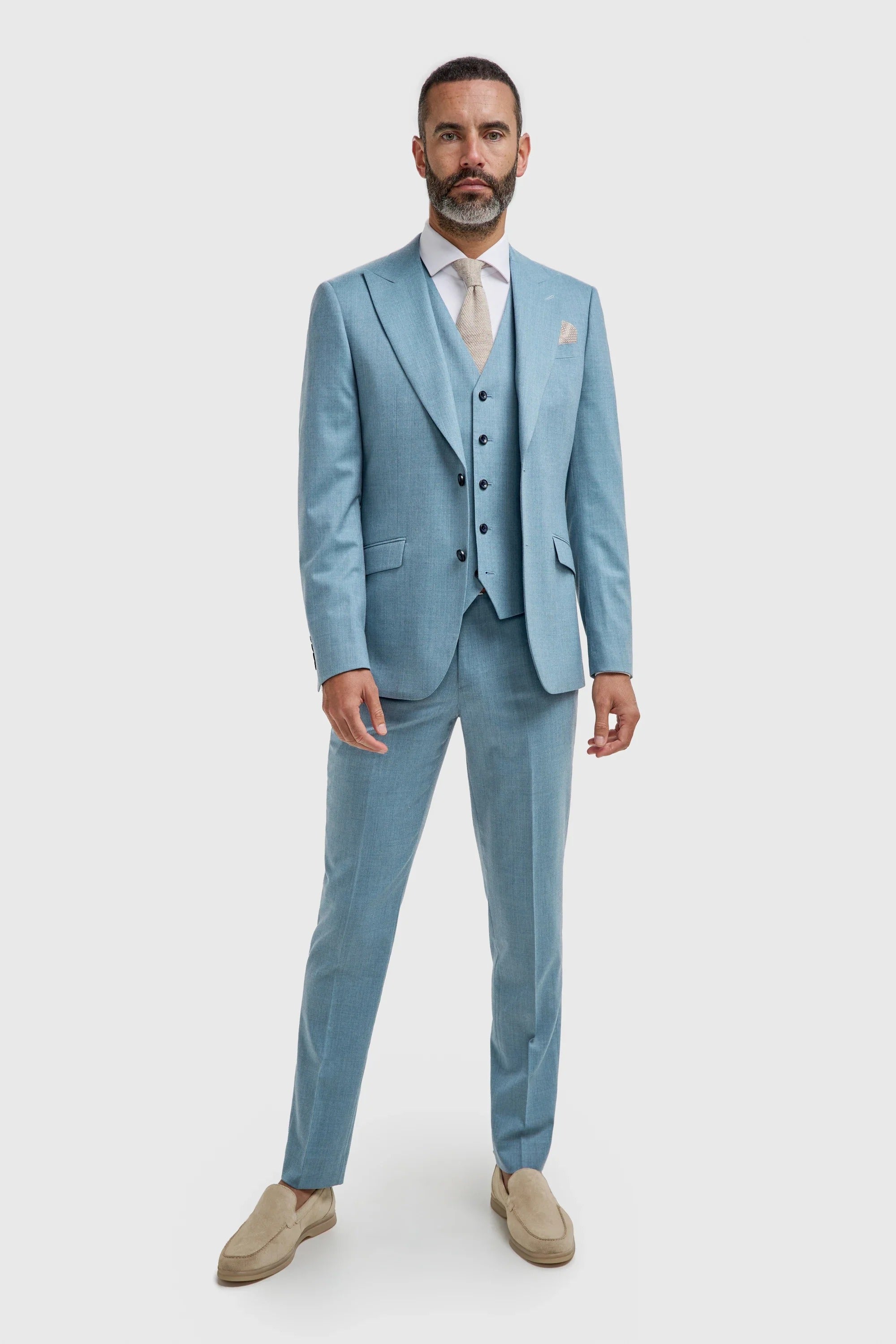 James - Traje de tres piezas texturizado azul claro para hombre