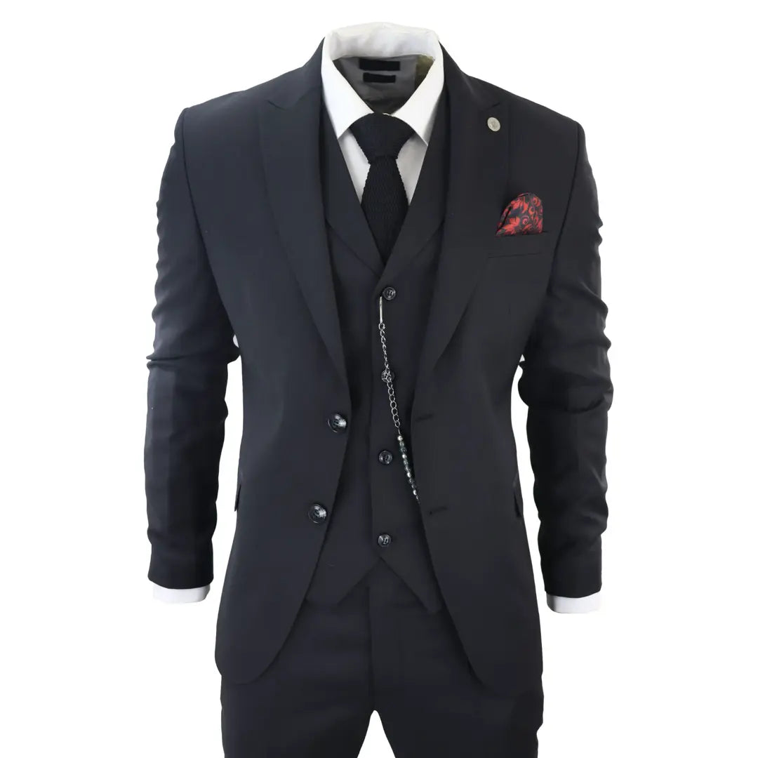 Traje clásico de tres piezas negro para hombre de James con pañuelo de bolsillo rojo.