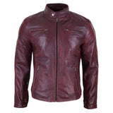 Chaqueta de motorista de cuero auténtico para hombre - Color vino