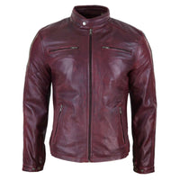 Chaqueta de motorista de cuero auténtico para hombre - Color vino
