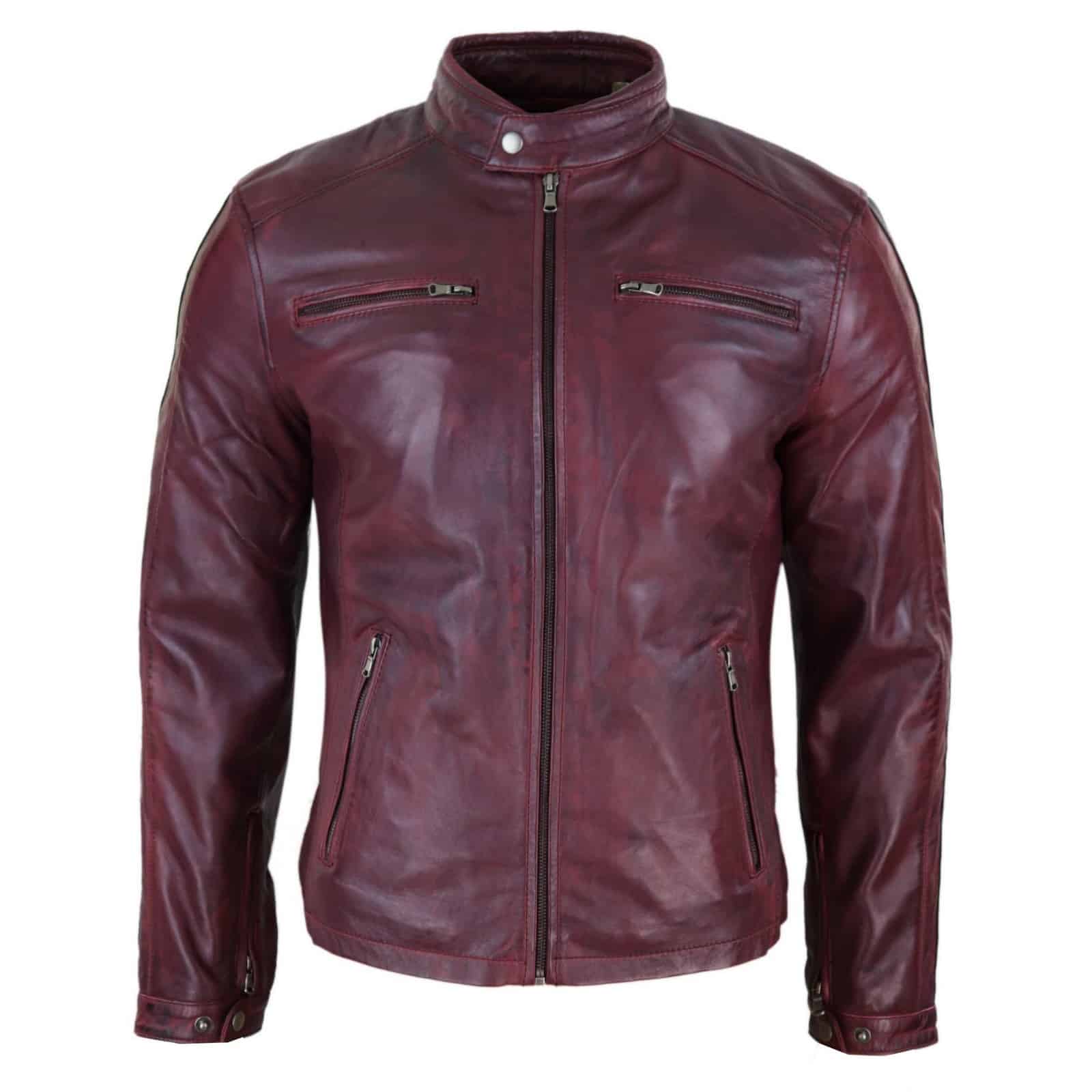 Chaqueta de motorista de cuero auténtico para hombre - Color vino