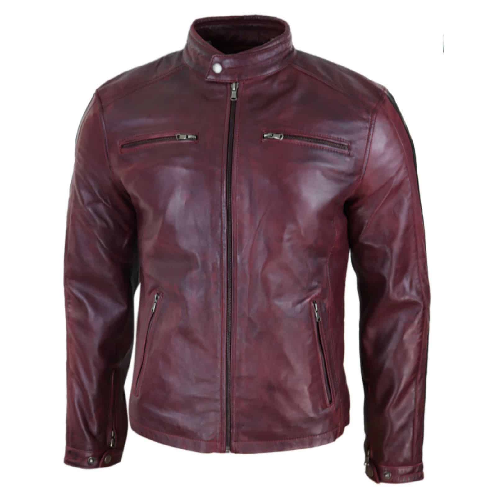 Chaqueta de motorista de cuero auténtico para hombre - Color vino