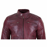 Chaqueta de motorista de cuero auténtico para hombre - Color vino