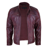 Chaqueta de motorista de cuero auténtico para hombre - Color vino
