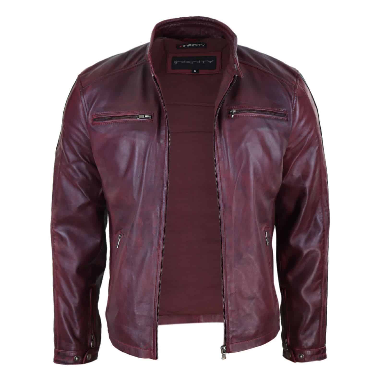 Chaqueta de motorista de cuero auténtico para hombre - Color vino