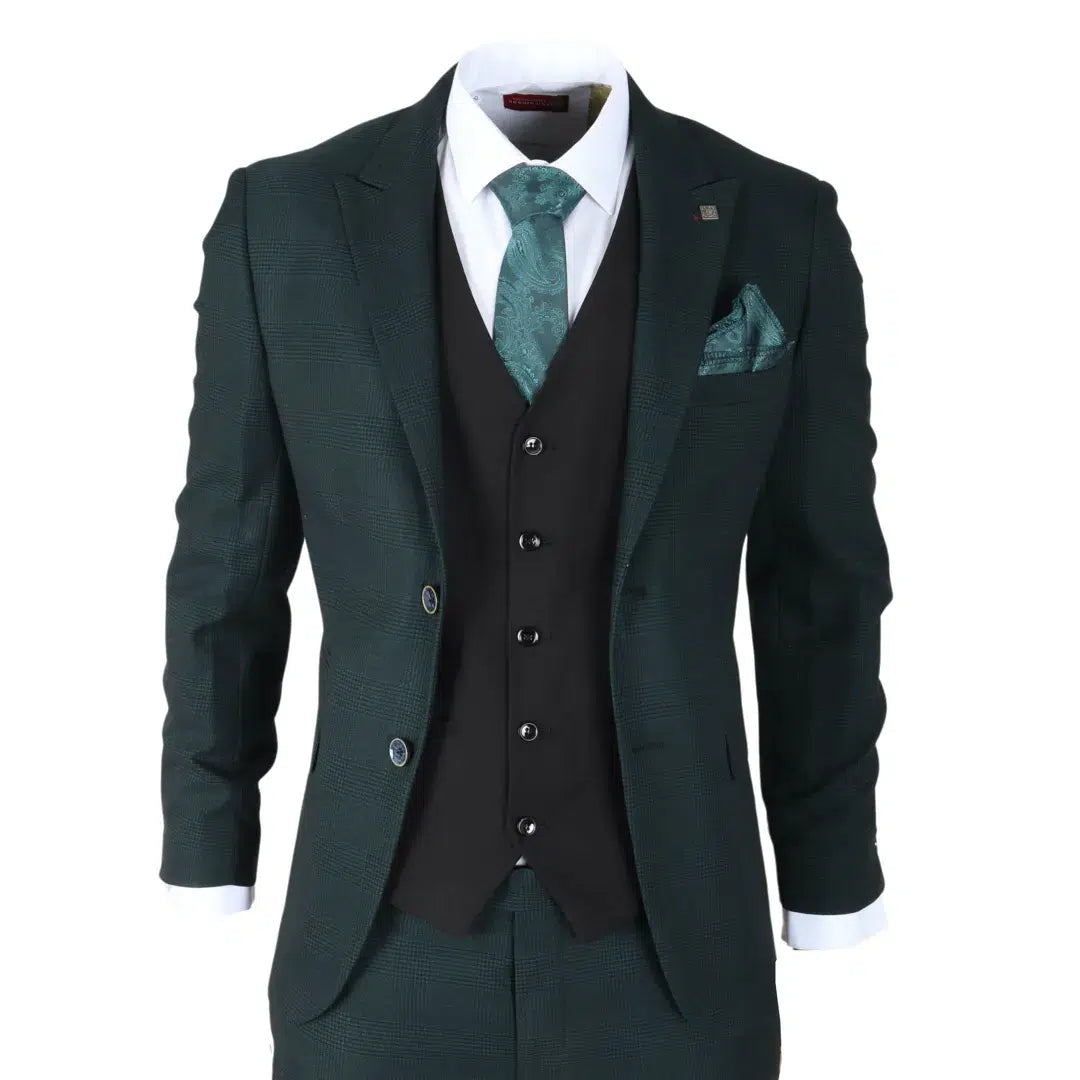 Jasper - Traje de tres piezas para hombre en color verde oliva con chaleco negro