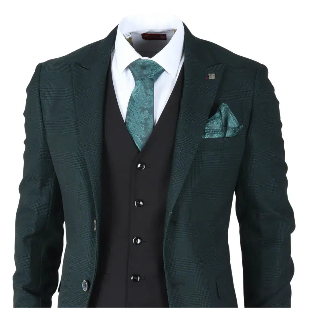 Jasper - Traje de tres piezas para hombre en color verde oliva con chaleco negro