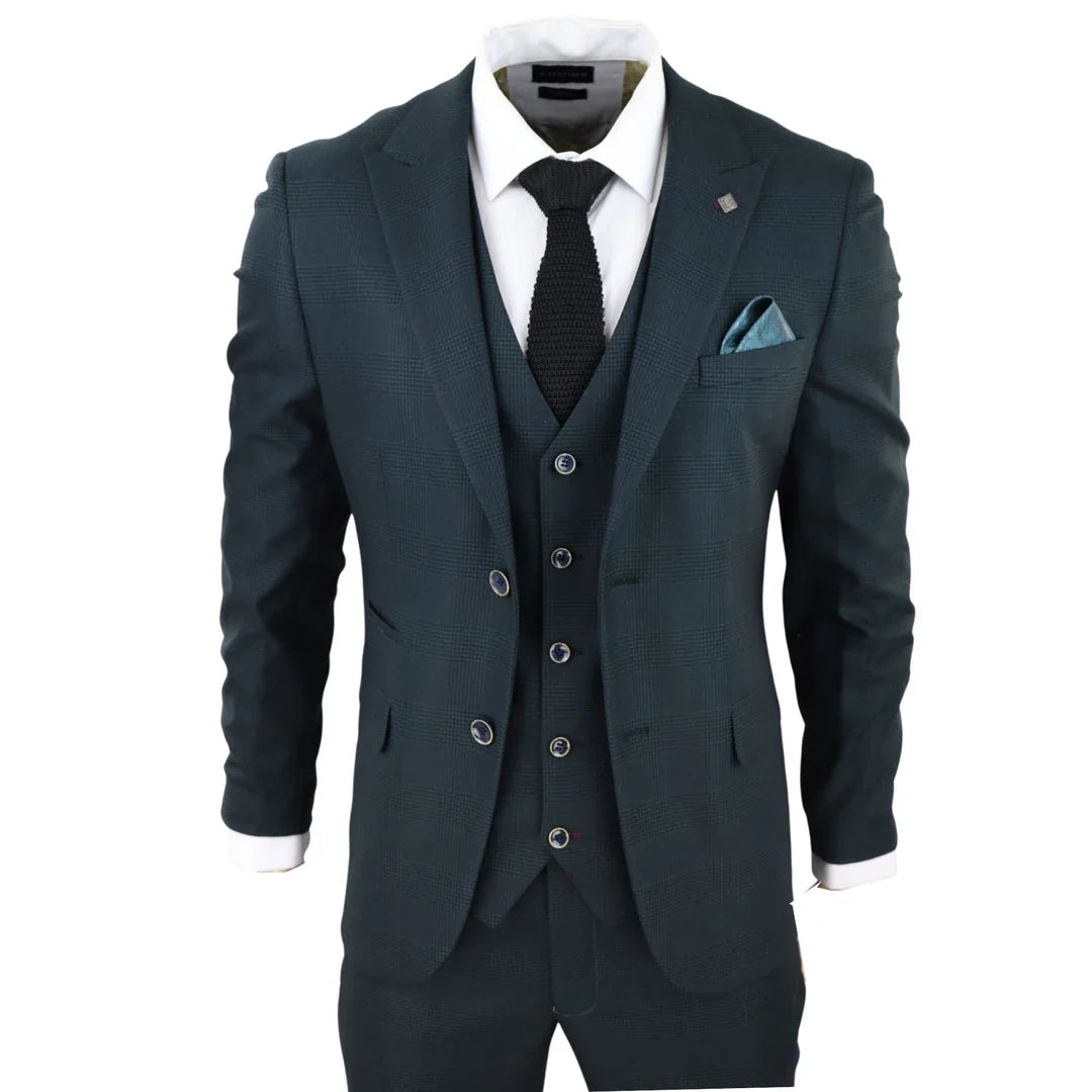 Traje de tres piezas para hombre Jasper, color verde oliva con estampado Príncipe de Gales y cuadros negros.