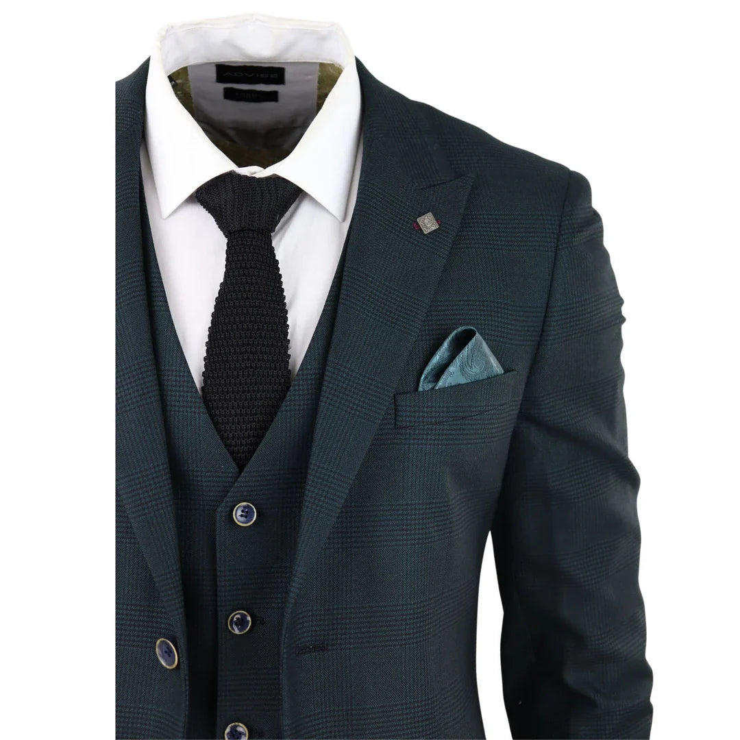 Traje de tres piezas para hombre Jasper, color verde oliva con estampado Príncipe de Gales y cuadros negros.