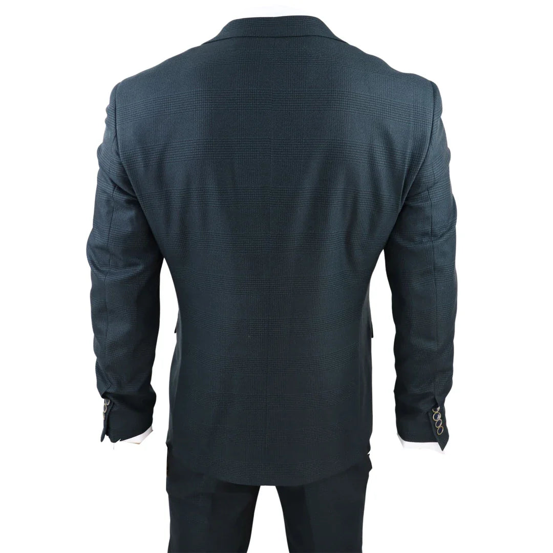 Traje de tres piezas para hombre Jasper, color verde oliva con estampado Príncipe de Gales y cuadros negros.
