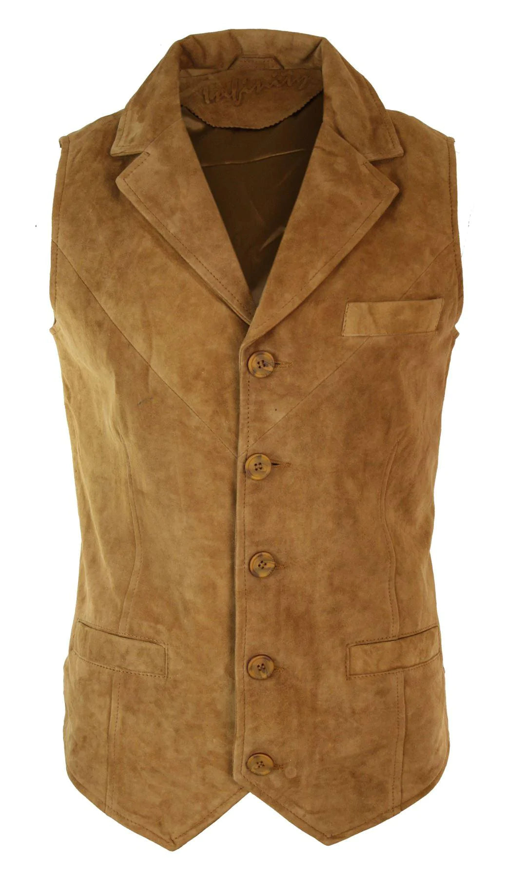 Chaleco elegante informal de piel de ante auténtica para hombre, color marrón claro, estilo vintage retro.