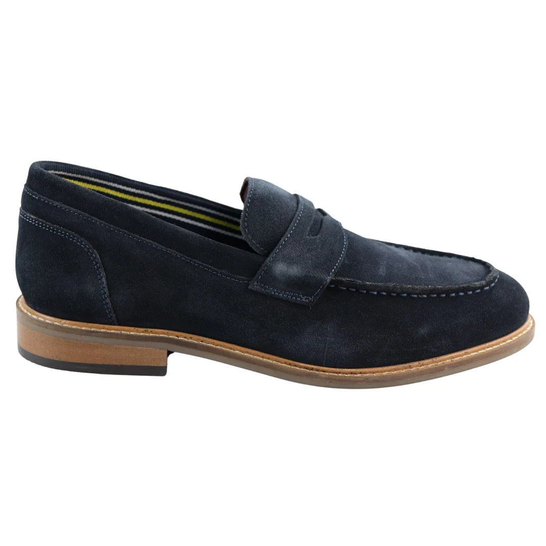 Zapatos náuticos tipo mocasín de gamuza auténtica para hombre, color azul marino, estilo casual elegante y clásico, ajuste cómodo.