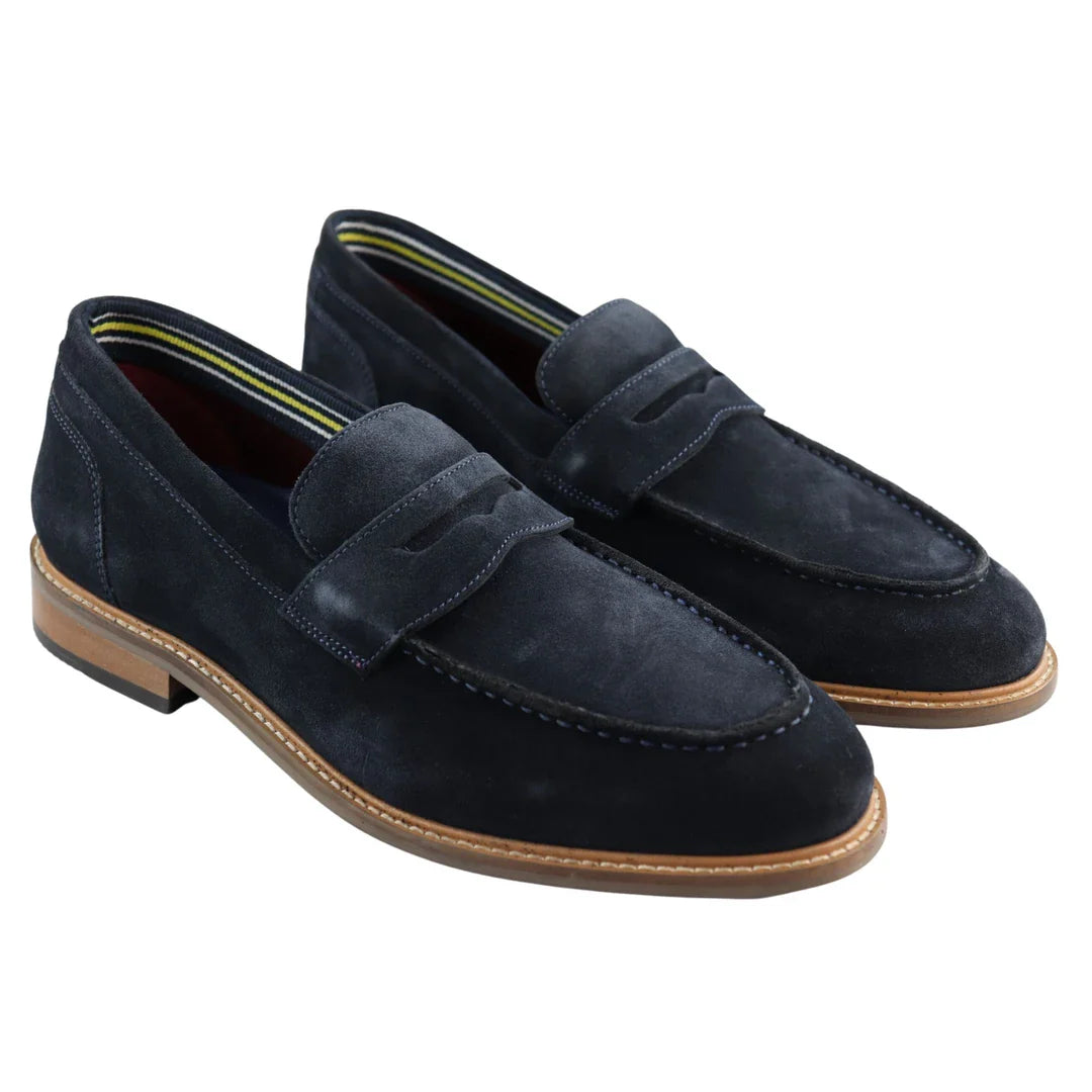 Zapatos náuticos tipo mocasín de gamuza auténtica para hombre, color azul marino, estilo casual elegante y clásico, ajuste cómodo.